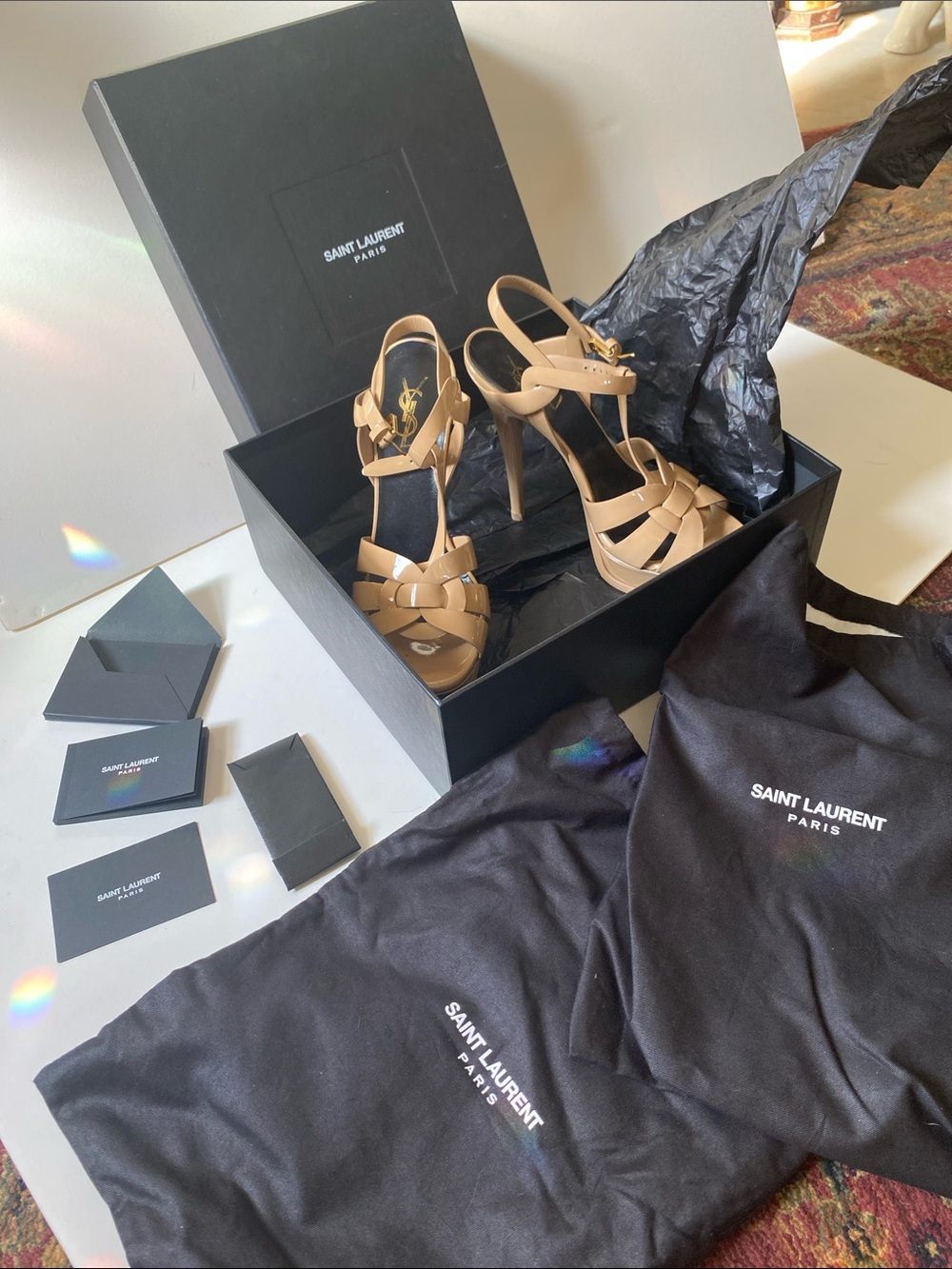 Saint Laurent YSL Tribute Nude Patent Leather Platform Heels 38 in glossy nude